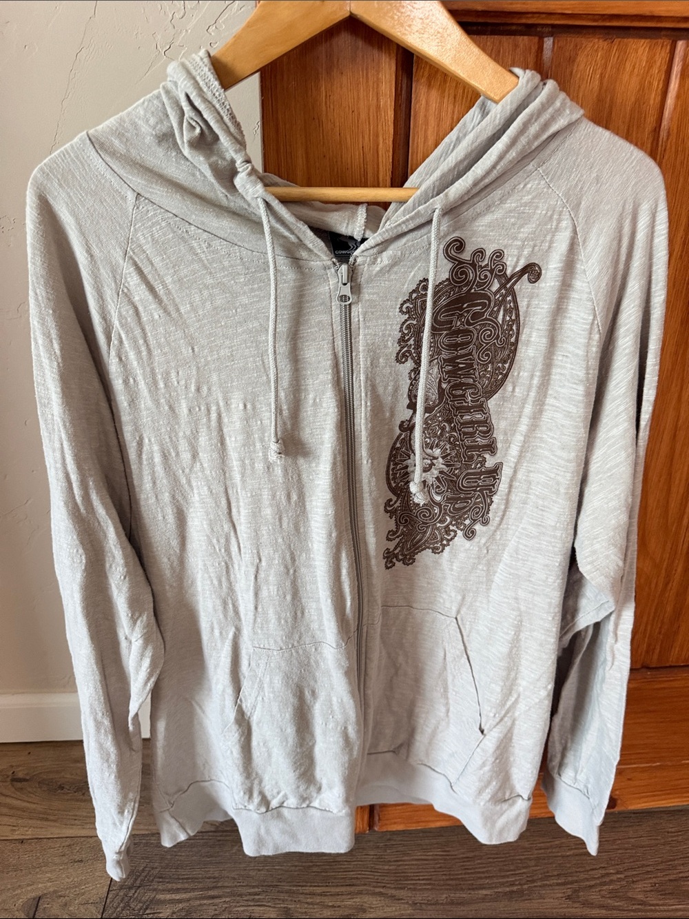 Cowgirl Up Full Zip Hoodie - Gray/Brown Western Graphic - Size XXL